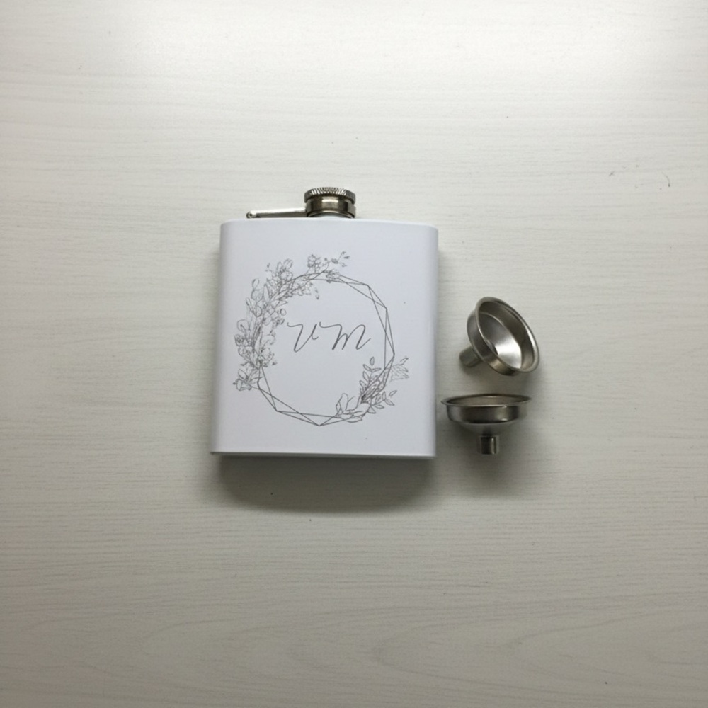 White Floral Engraved Flask with Funnel